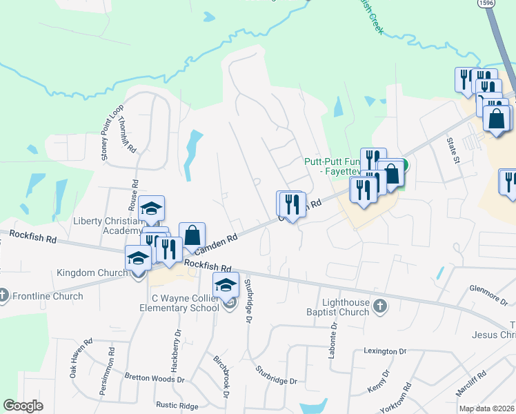 map of restaurants, bars, coffee shops, grocery stores, and more near 6126 Camden Road in Fayetteville