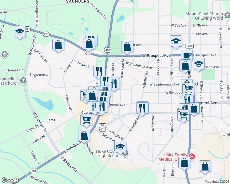 map of restaurants, bars, coffee shops, grocery stores, and more near 226 North Wright Street in Raeford