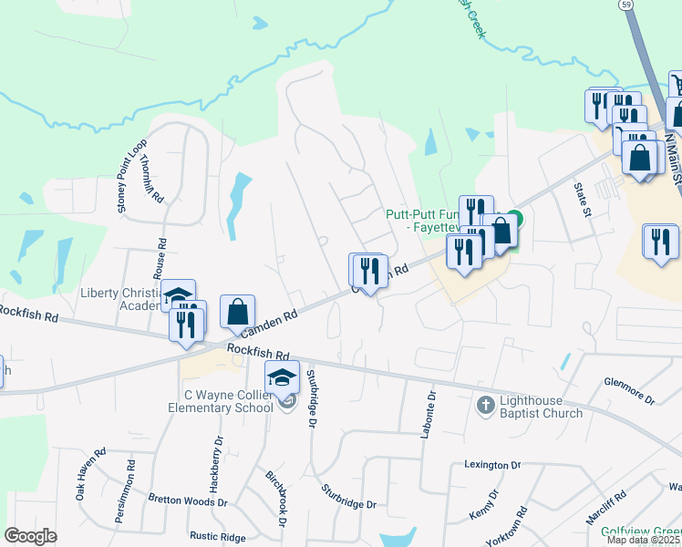 map of restaurants, bars, coffee shops, grocery stores, and more near 6070 Camden Road in Fayetteville