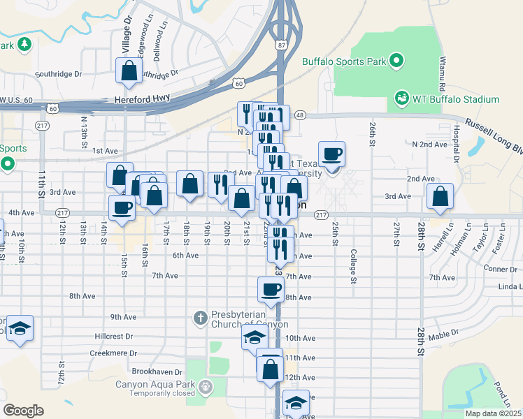 map of restaurants, bars, coffee shops, grocery stores, and more near 2111 4th Avenue in Canyon