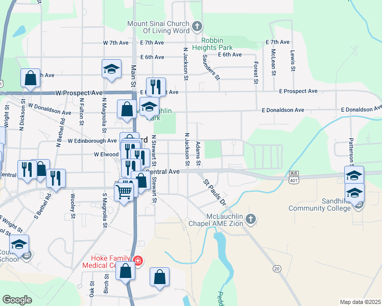 map of restaurants, bars, coffee shops, grocery stores, and more near 401-409 East Elwood Avenue in Raeford