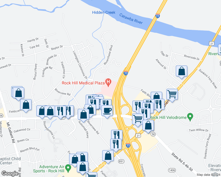 map of restaurants, bars, coffee shops, grocery stores, and more near 1656 Riverchase Boulevard in Rock Hill
