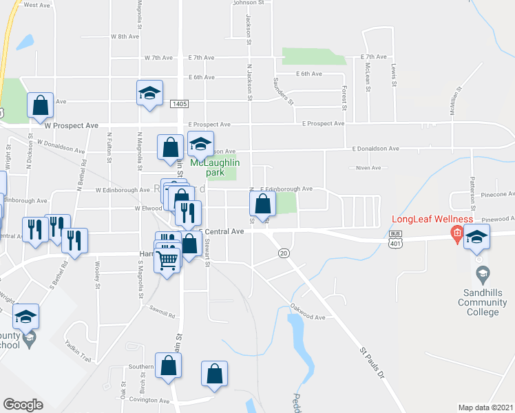 map of restaurants, bars, coffee shops, grocery stores, and more near 202 North Jackson Street in Raeford