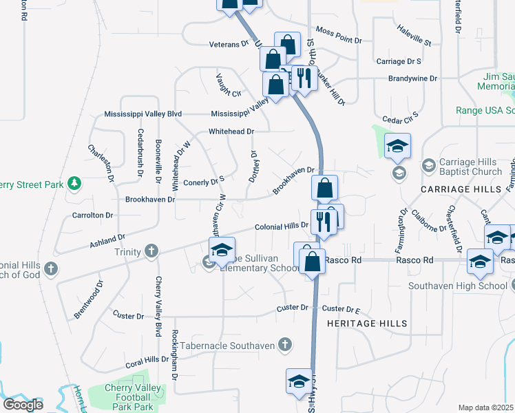map of restaurants, bars, coffee shops, grocery stores, and more near 1689 Brookhaven Drive in Southaven