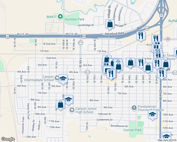 map of restaurants, bars, coffee shops, grocery stores, and more near 1201 4th Avenue in Canyon