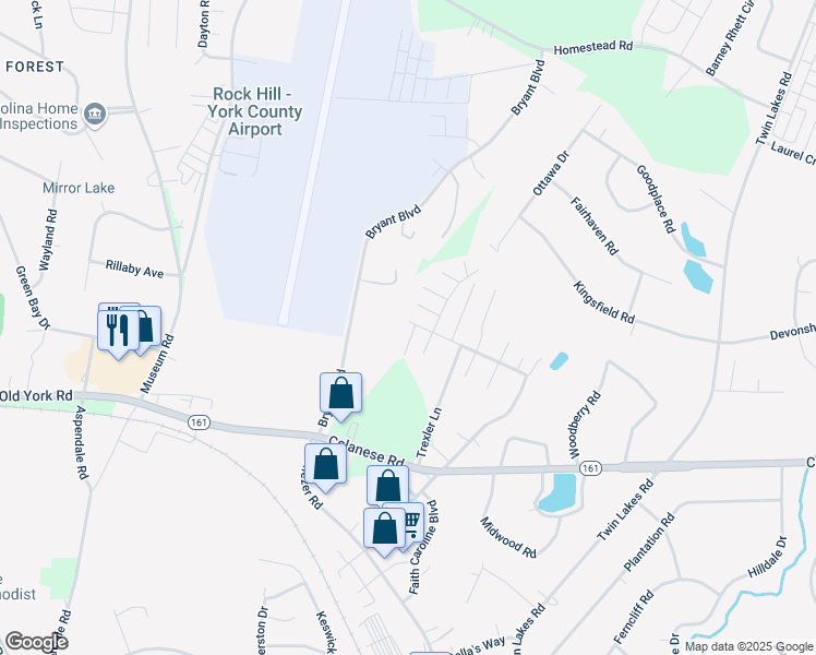 map of restaurants, bars, coffee shops, grocery stores, and more near 414 Dover Drive in Rock Hill