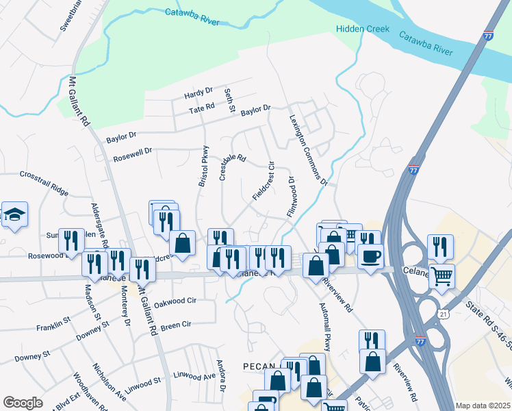 map of restaurants, bars, coffee shops, grocery stores, and more near 1557 Fieldcrest Cir in Rock Hill