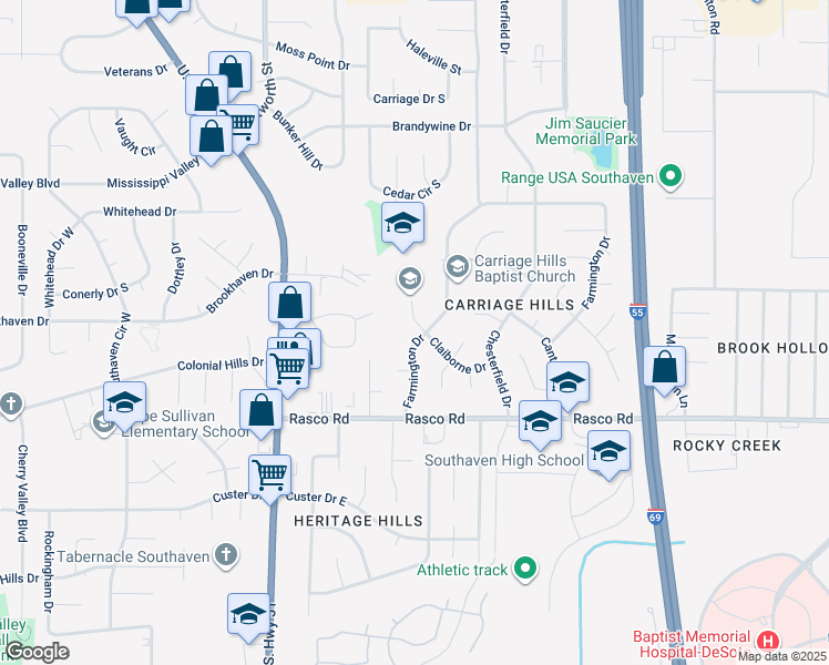 map of restaurants, bars, coffee shops, grocery stores, and more near 8225 Claiborne Drive in Southaven