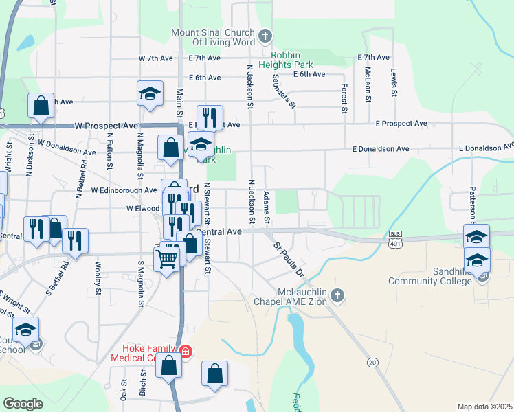 map of restaurants, bars, coffee shops, grocery stores, and more near 202 North Jackson Street in Raeford