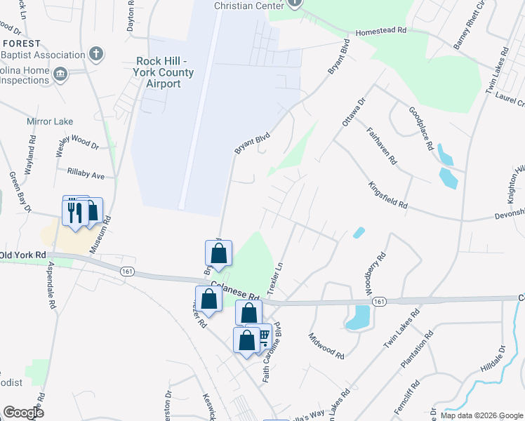 map of restaurants, bars, coffee shops, grocery stores, and more near 414 Dover Drive in Rock Hill