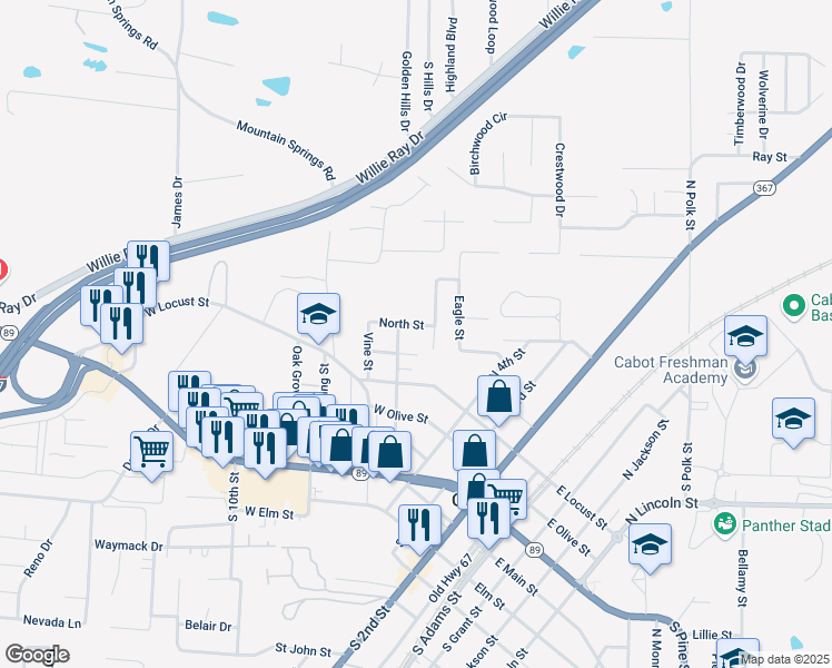 map of restaurants, bars, coffee shops, grocery stores, and more near 412 Cleveland Street in Cabot