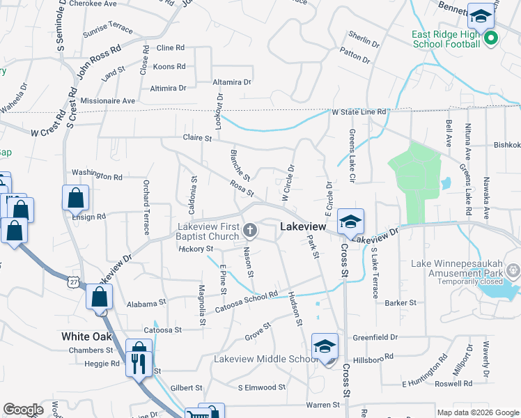 map of restaurants, bars, coffee shops, grocery stores, and more near 730 Lakeview Drive in Rossville
