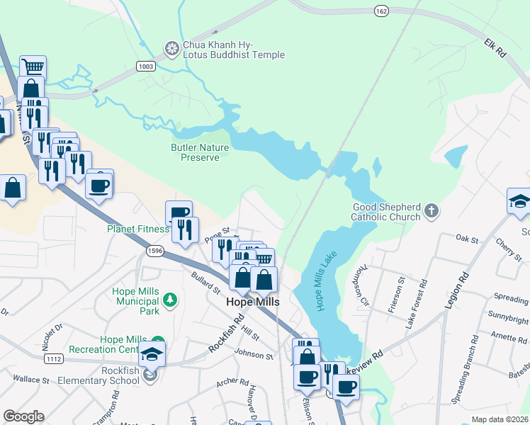 map of restaurants, bars, coffee shops, grocery stores, and more near 3325 Forest Lake Drive in Hope Mills