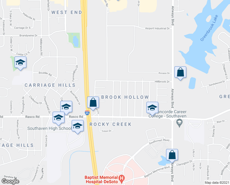 map of restaurants, bars, coffee shops, grocery stores, and more near 8194 Pinebrook Drive in Southaven