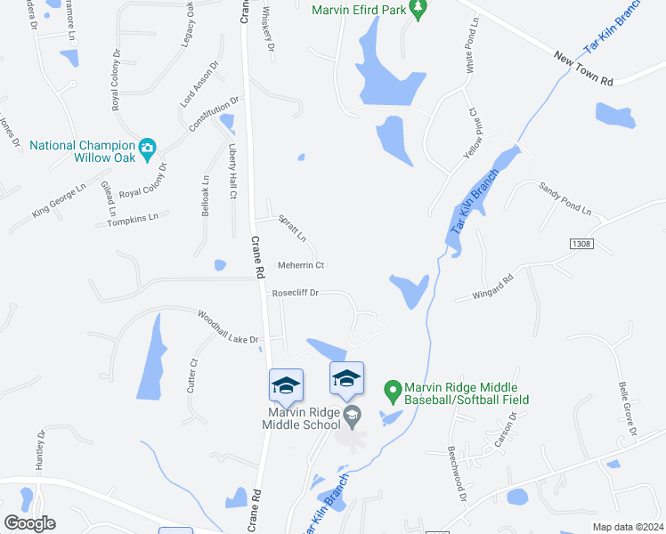 map of restaurants, bars, coffee shops, grocery stores, and more near 2800 Meherrin Court in Waxhaw