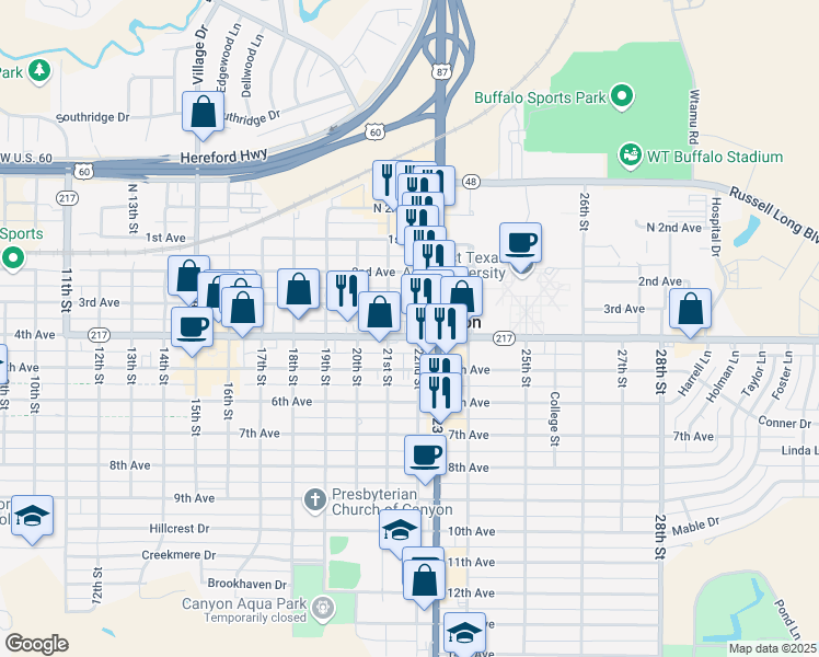 map of restaurants, bars, coffee shops, grocery stores, and more near 2111 4th Avenue in Canyon