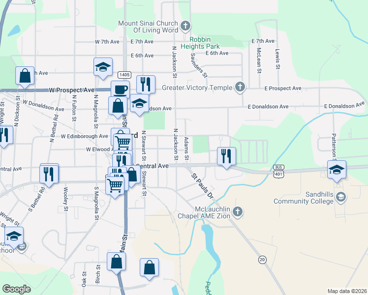 map of restaurants, bars, coffee shops, grocery stores, and more near 409 East Elwood Avenue in Raeford