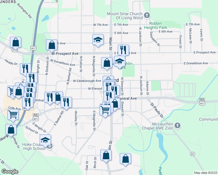 map of restaurants, bars, coffee shops, grocery stores, and more near 201 North Main Street in Raeford