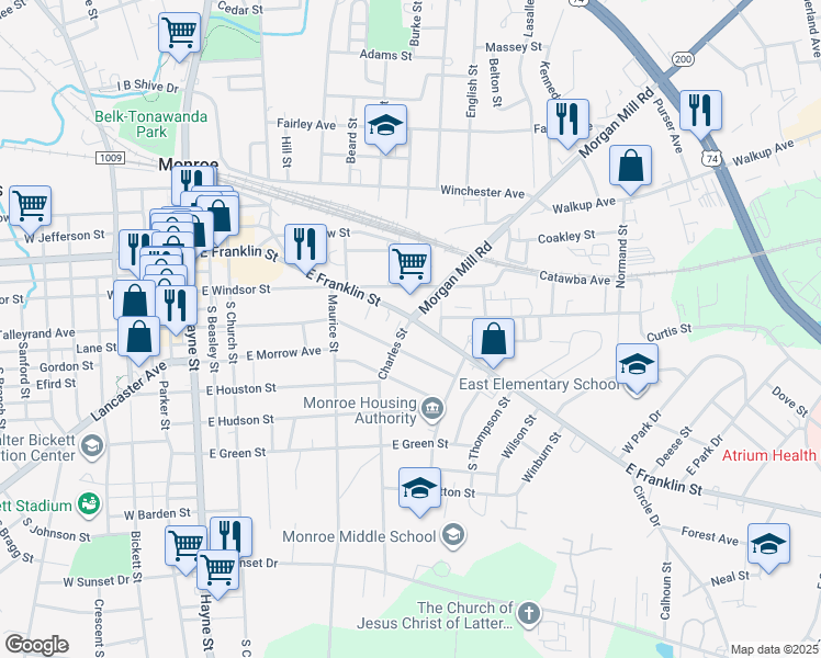map of restaurants, bars, coffee shops, grocery stores, and more near 203 Charles Street in Monroe