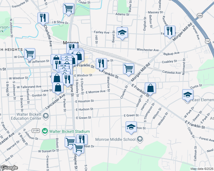 map of restaurants, bars, coffee shops, grocery stores, and more near 204 Maurice Street in Monroe