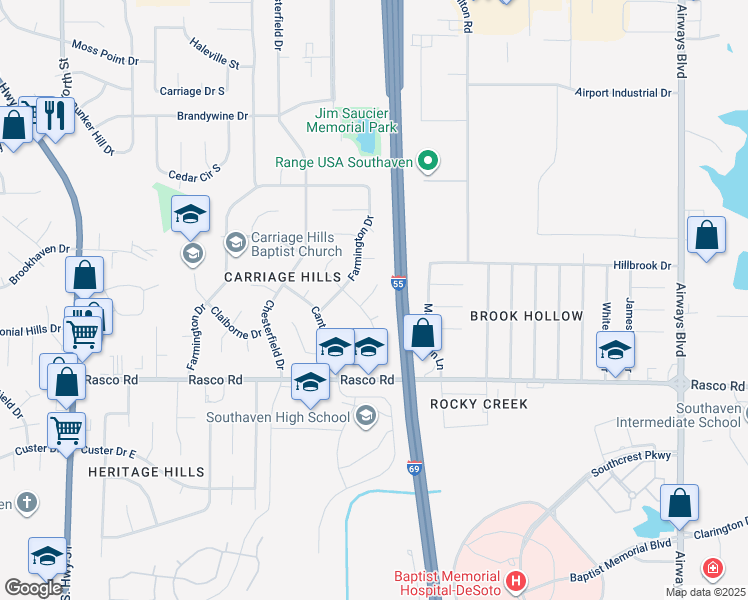 map of restaurants, bars, coffee shops, grocery stores, and more near 747 Cumberland Cove in Southaven