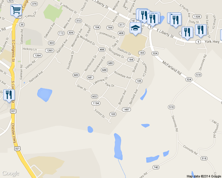 map of restaurants, bars, coffee shops, grocery stores, and more near 7 Park Drive in York