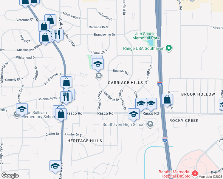 map of restaurants, bars, coffee shops, grocery stores, and more near 8185 Barclay Cove in Southaven
