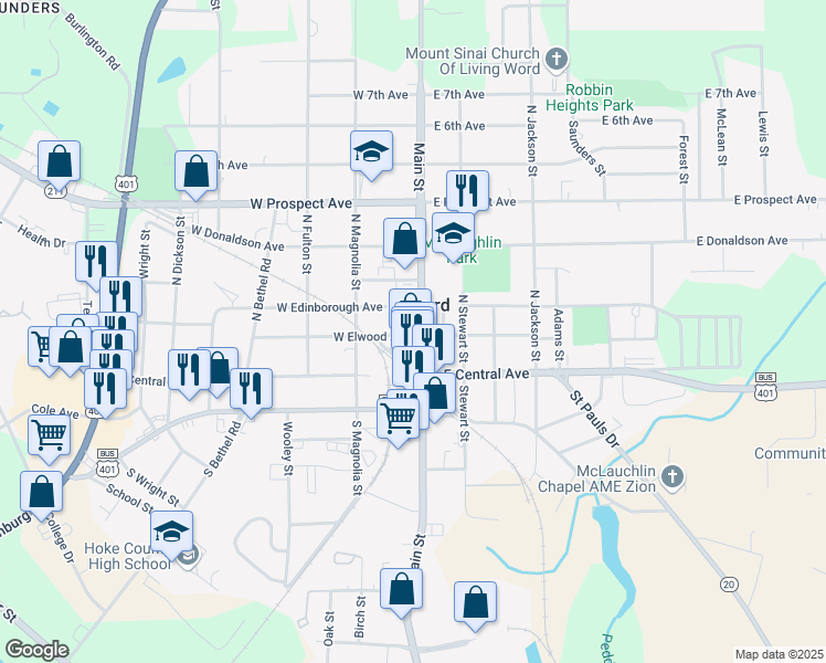 map of restaurants, bars, coffee shops, grocery stores, and more near 201 North Main Street in Raeford