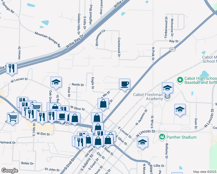 map of restaurants, bars, coffee shops, grocery stores, and more near 402 West Cherry Street in Cabot