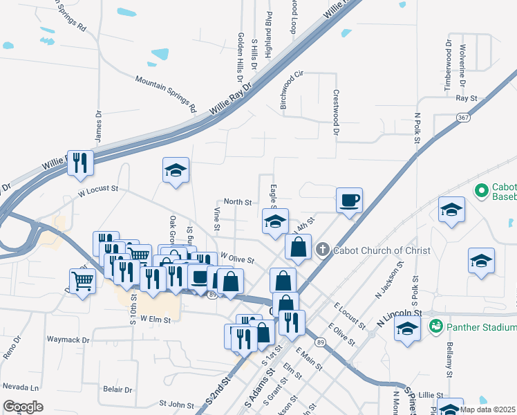map of restaurants, bars, coffee shops, grocery stores, and more near 126 North Park Street in Cabot