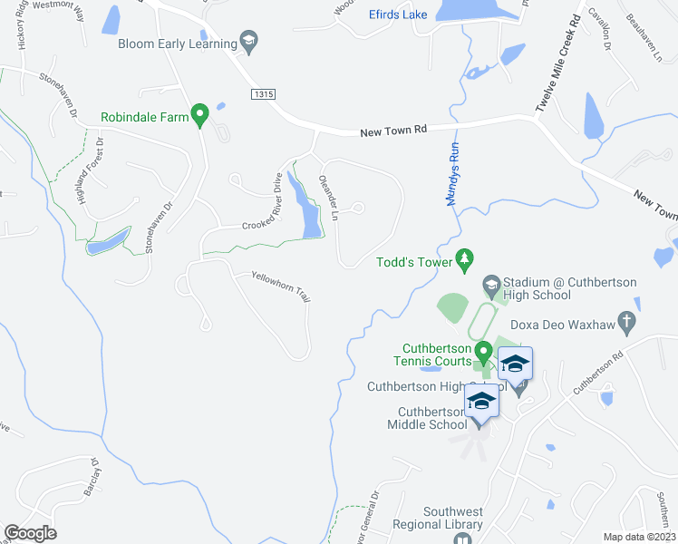 map of restaurants, bars, coffee shops, grocery stores, and more near 1018 Oleander Lane in Waxhaw