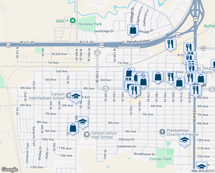 map of restaurants, bars, coffee shops, grocery stores, and more near 1201 4th Ave in Canyon