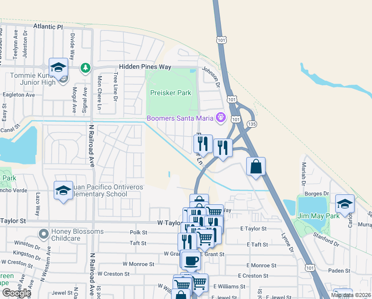 map of restaurants, bars, coffee shops, grocery stores, and more near 129 Channel Drive in Santa Maria