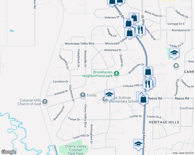 map of restaurants, bars, coffee shops, grocery stores, and more near 1825 Brookhaven Drive in Southaven