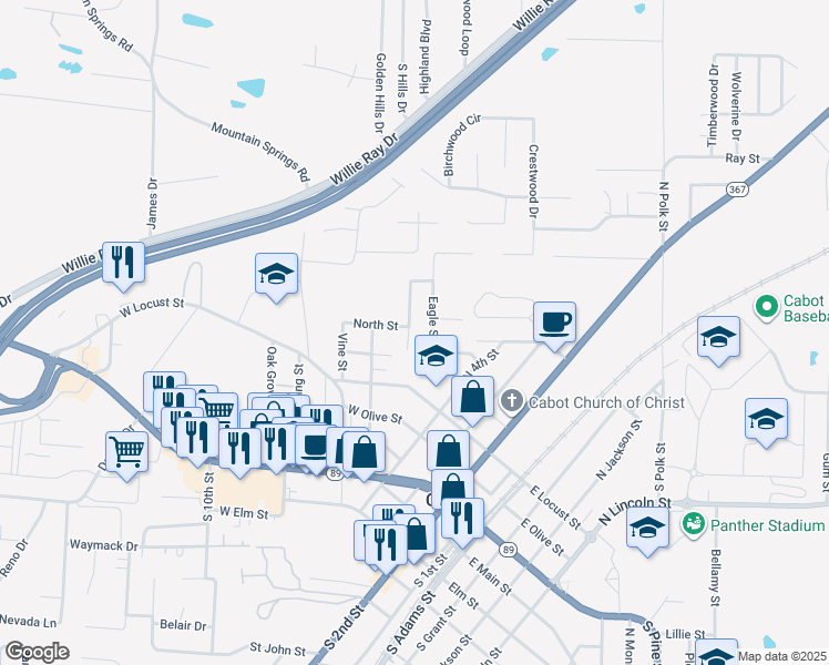 map of restaurants, bars, coffee shops, grocery stores, and more near 126 North Park Street in Cabot