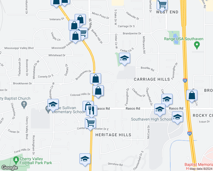 map of restaurants, bars, coffee shops, grocery stores, and more near 8156 South Park Circle in Southaven