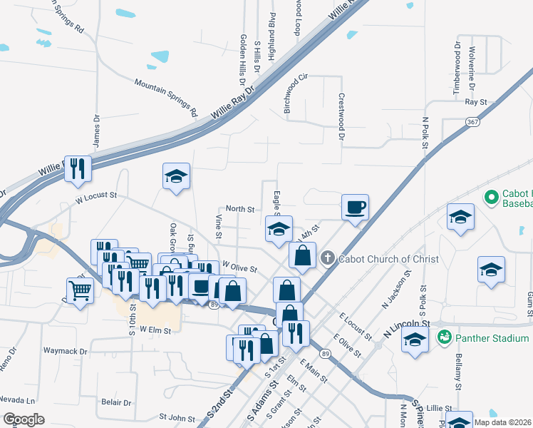 map of restaurants, bars, coffee shops, grocery stores, and more near 126 North Park Street in Cabot