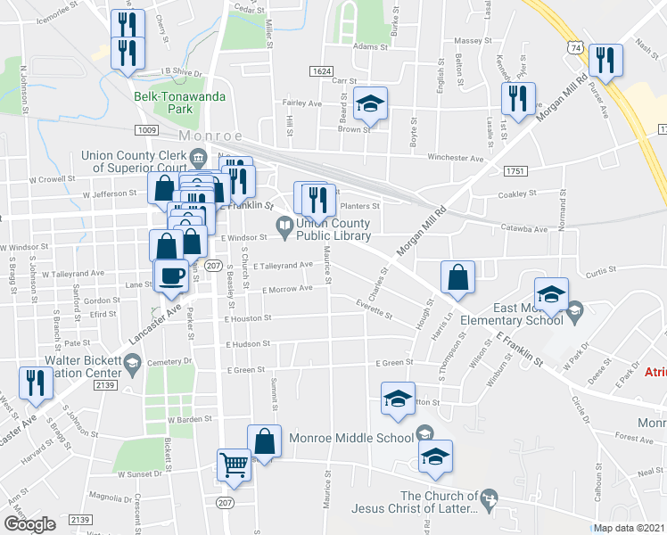 map of restaurants, bars, coffee shops, grocery stores, and more near 204 Maurice Street in Monroe