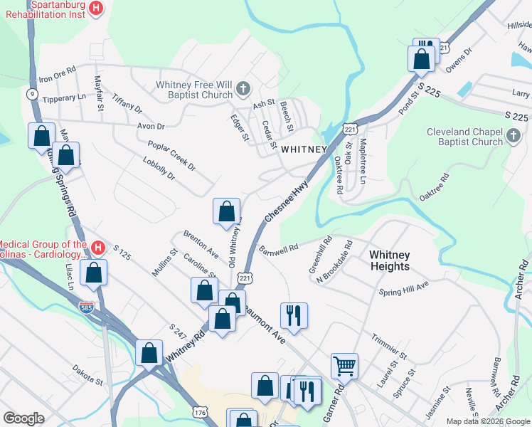 map of restaurants, bars, coffee shops, grocery stores, and more near 713 Chesnee Highway in Spartanburg