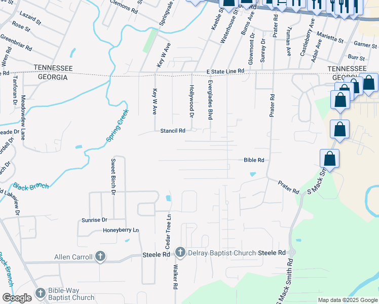 map of restaurants, bars, coffee shops, grocery stores, and more near 216 Fairlane Drive in Rossville