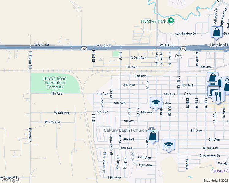 map of restaurants, bars, coffee shops, grocery stores, and more near 303 4th Avenue in Canyon