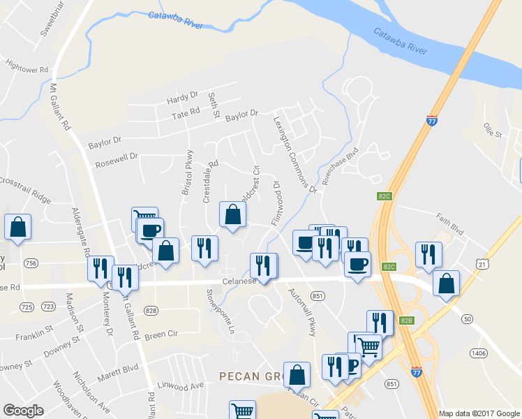 map of restaurants, bars, coffee shops, grocery stores, and more near 1445 Farmview Place in Rock Hill