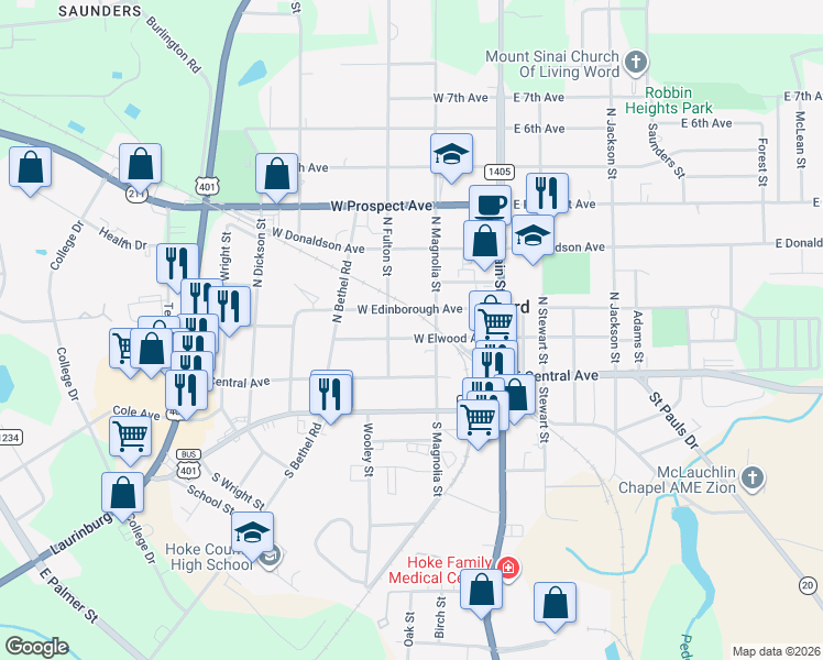 map of restaurants, bars, coffee shops, grocery stores, and more near 210 West Elwood Avenue in Raeford