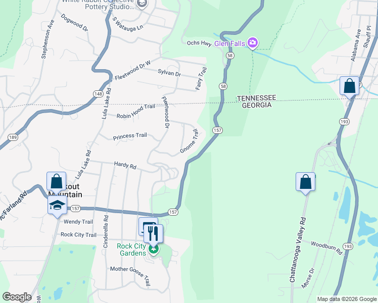 map of restaurants, bars, coffee shops, grocery stores, and more near 237 Gnome Trail in Lookout Mountain