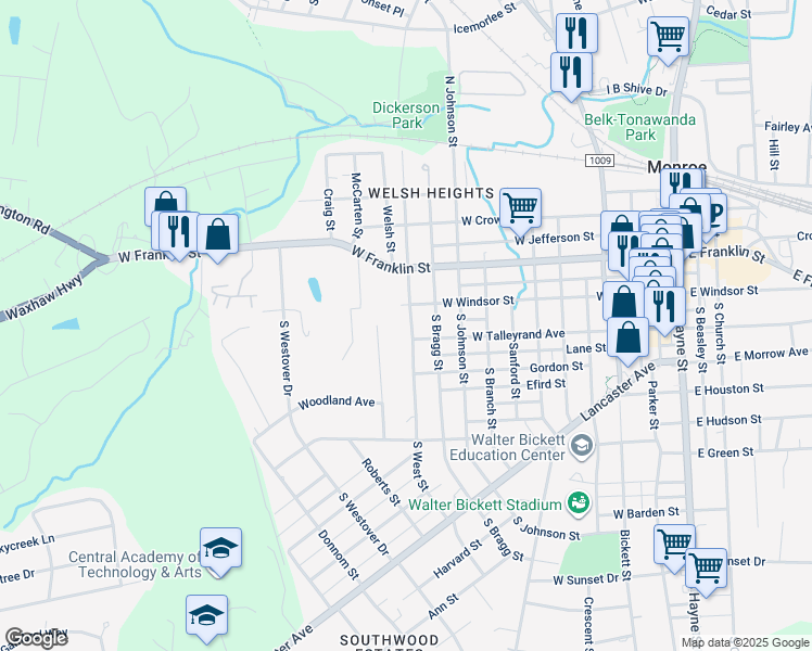map of restaurants, bars, coffee shops, grocery stores, and more near 100 South West Street in Monroe