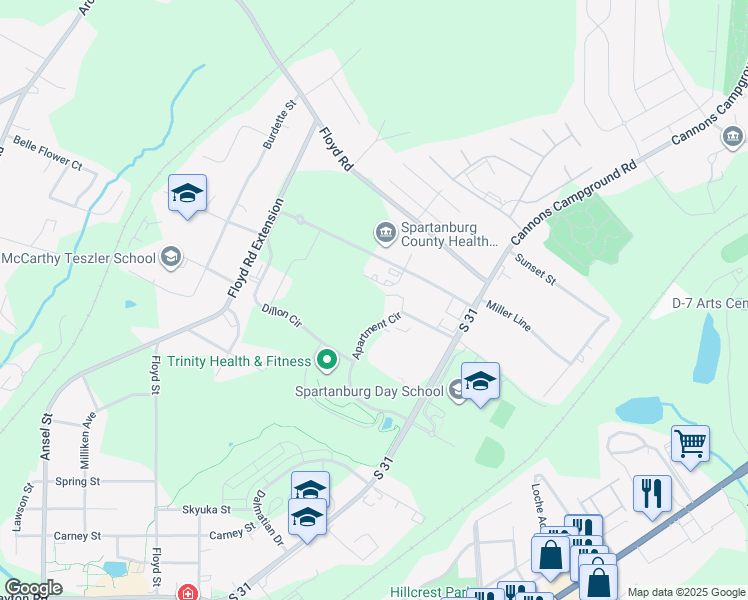 map of restaurants, bars, coffee shops, grocery stores, and more near 1706 Skylyn Drive in Spartanburg