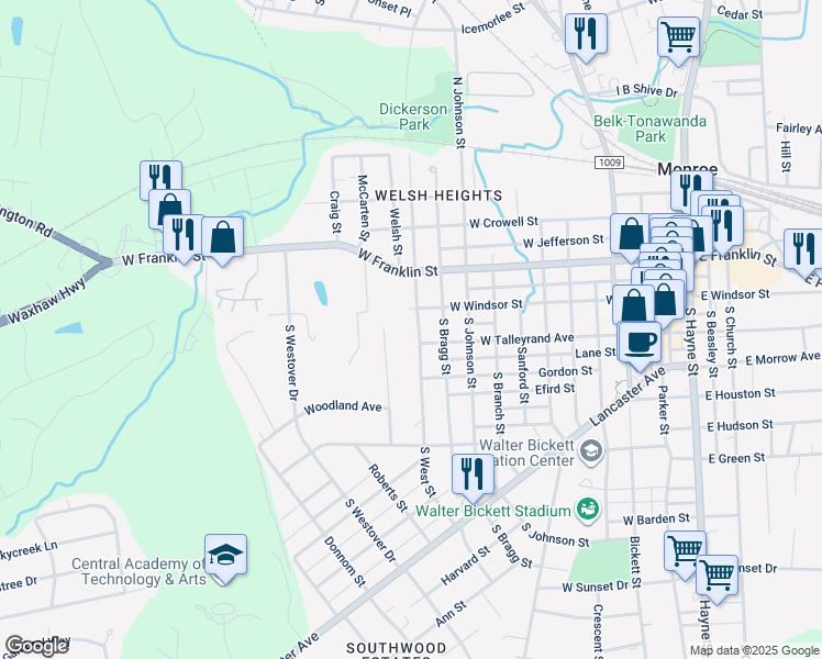map of restaurants, bars, coffee shops, grocery stores, and more near 100 South West Street in Monroe