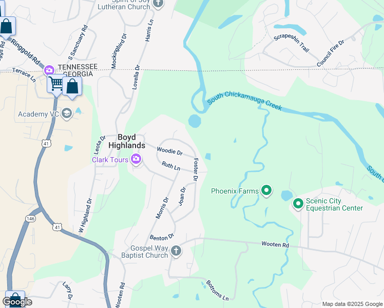 map of restaurants, bars, coffee shops, grocery stores, and more near 365 Foster Drive in Ringgold