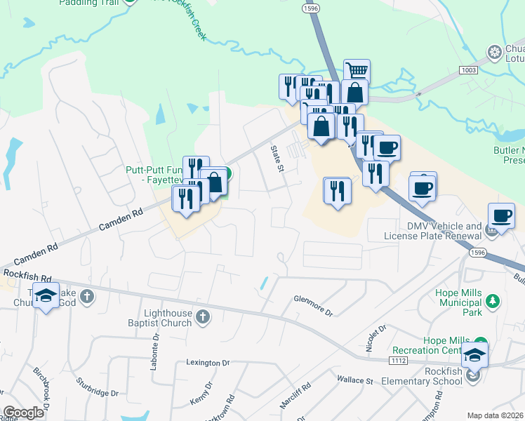 map of restaurants, bars, coffee shops, grocery stores, and more near 1805 Didsbury Circle in Fayetteville