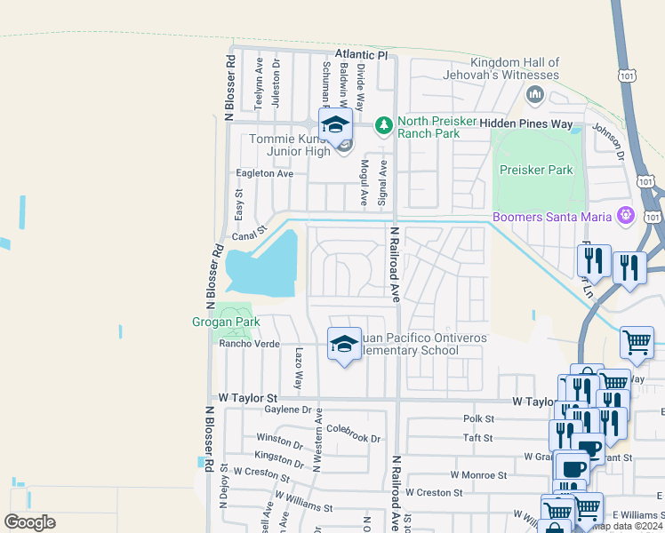map of restaurants, bars, coffee shops, grocery stores, and more near 2149 Via Visalia in Santa Maria